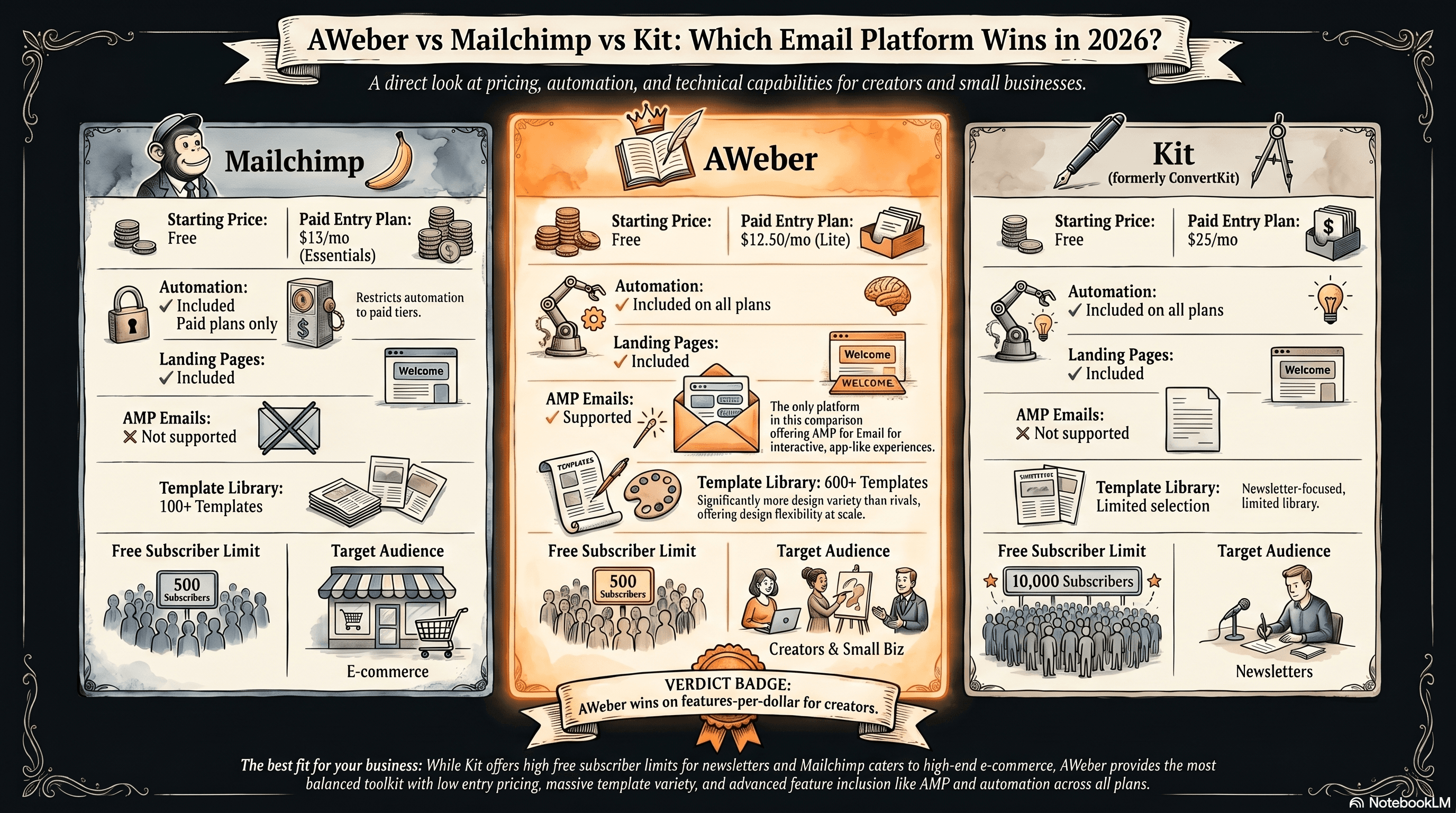 AWeber vs Mailchimp vs Kit comparison infographic 2026 — pricing, features, free plan