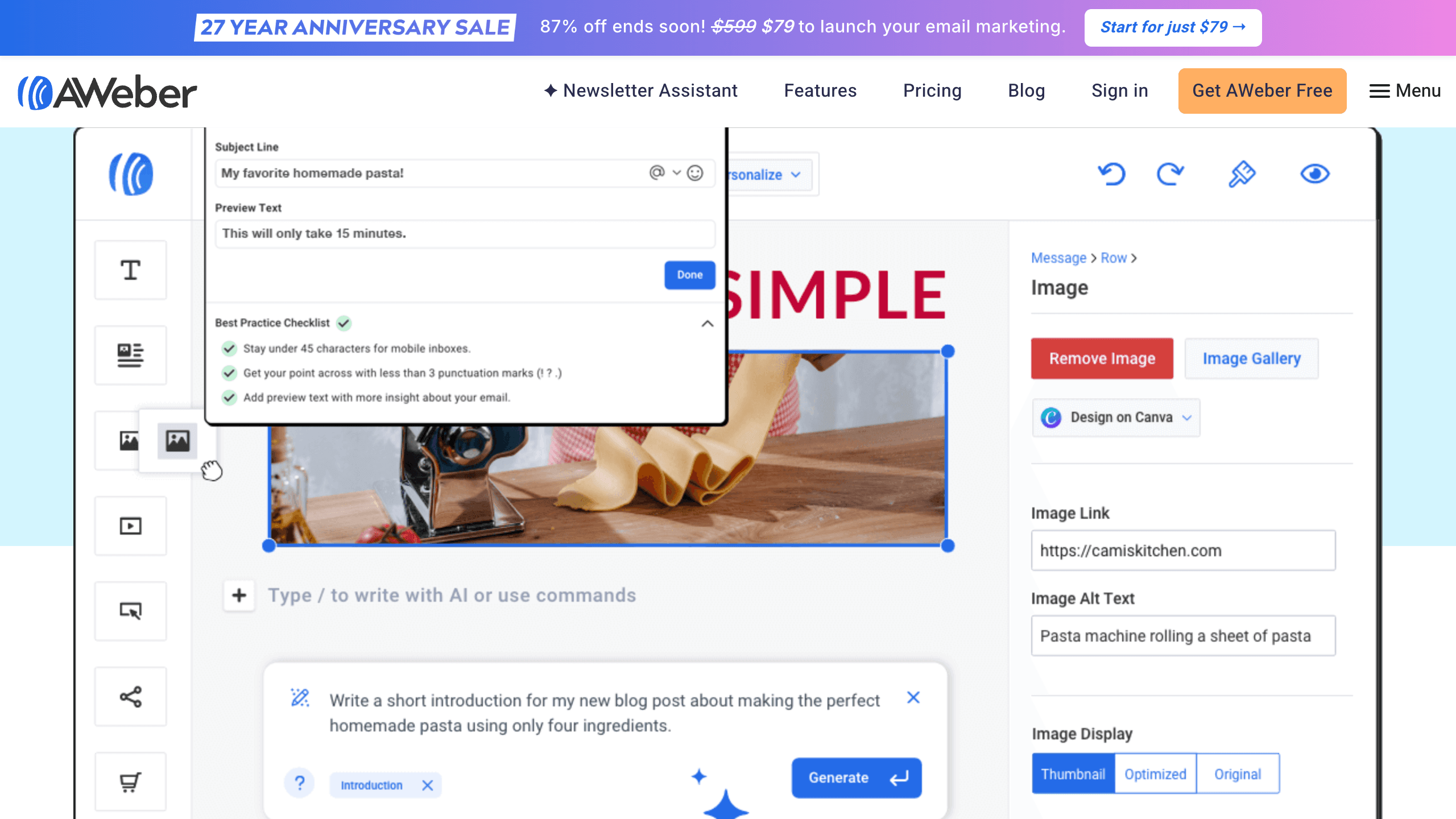 AWeber AI writing assistant generating email subject lines and body copy with best practice checklist
