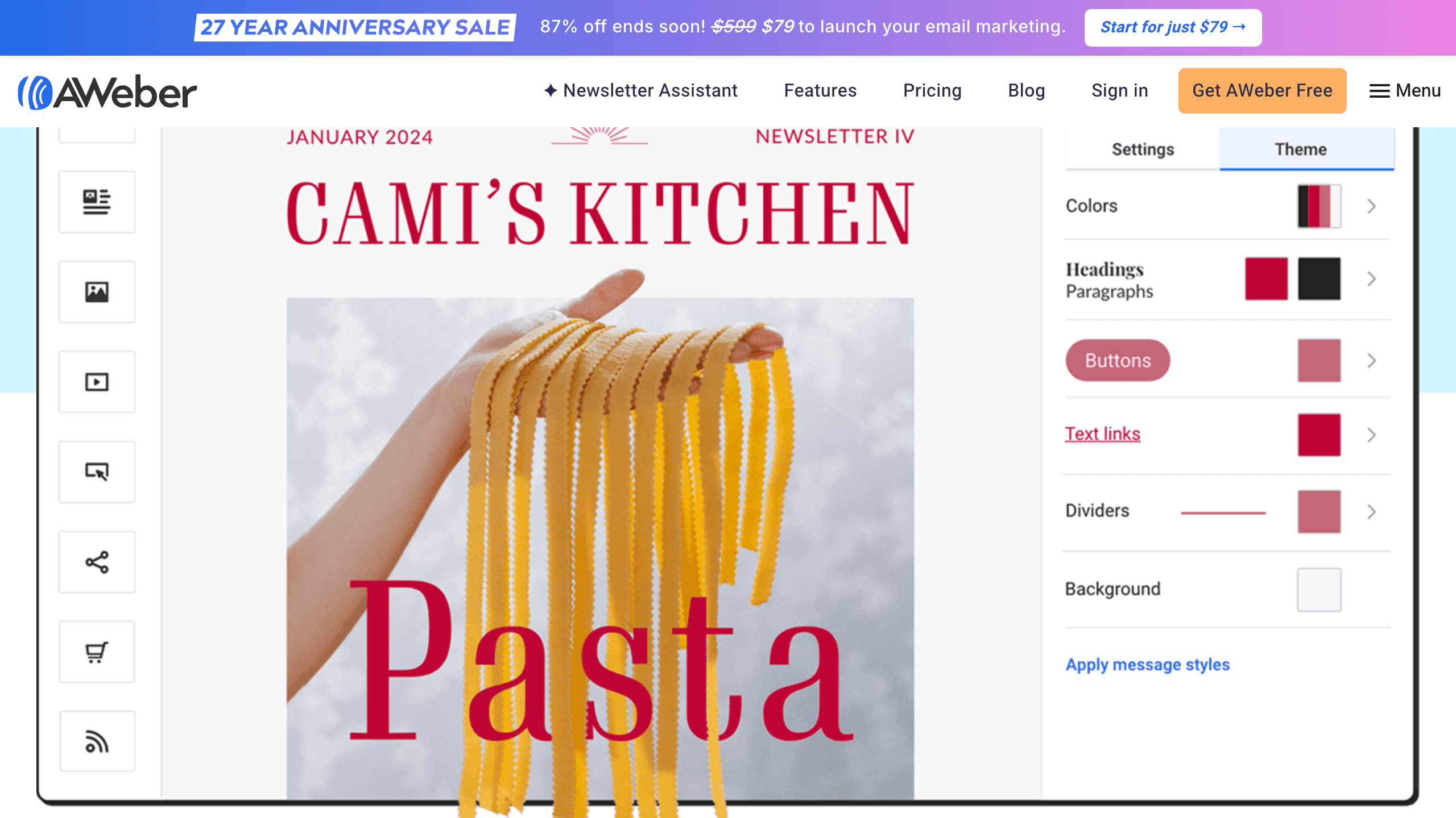AWeber drag-and-drop email builder showing a branded newsletter template with theme settings panel