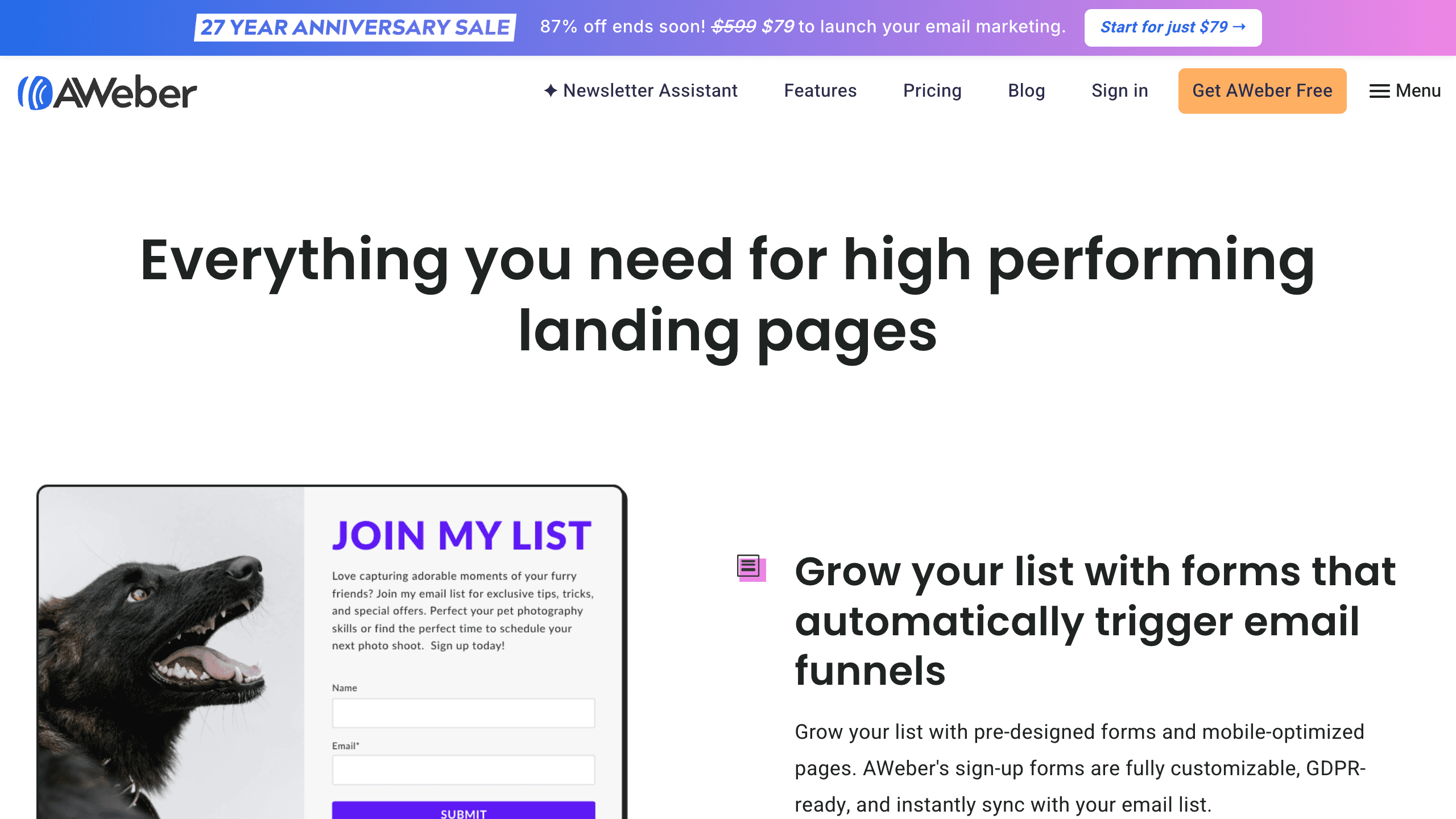 AWeber landing page builder showing a high-converting opt-in page template with sign-up form