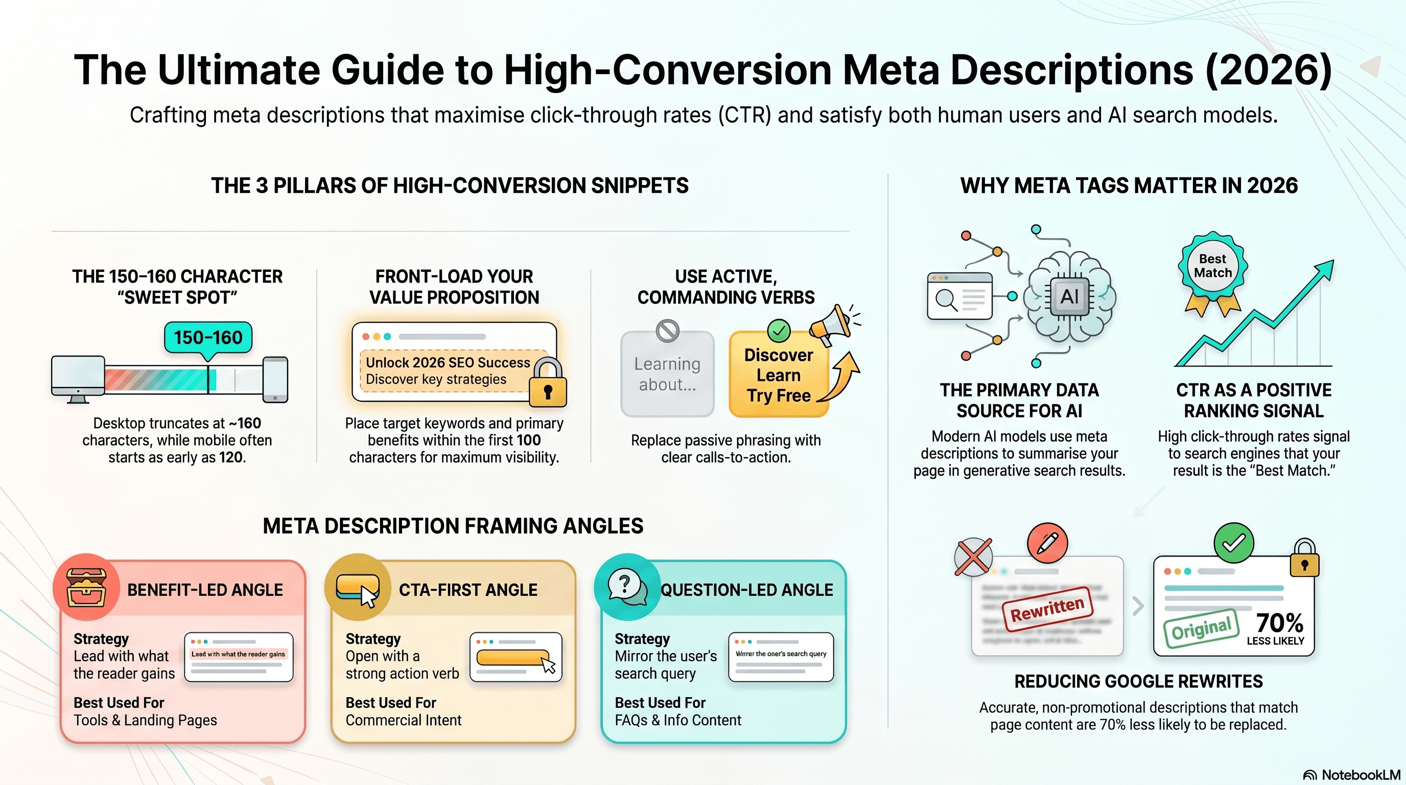 The Ultimate Guide to High-Conversion Meta Descriptions 2026 — infographic showing the 3 pillars (150-160 characters, front-load value, active verbs), 3 framing angles (benefit-led, CTA-first, question-led), and why meta tags matter for AI search and CTR