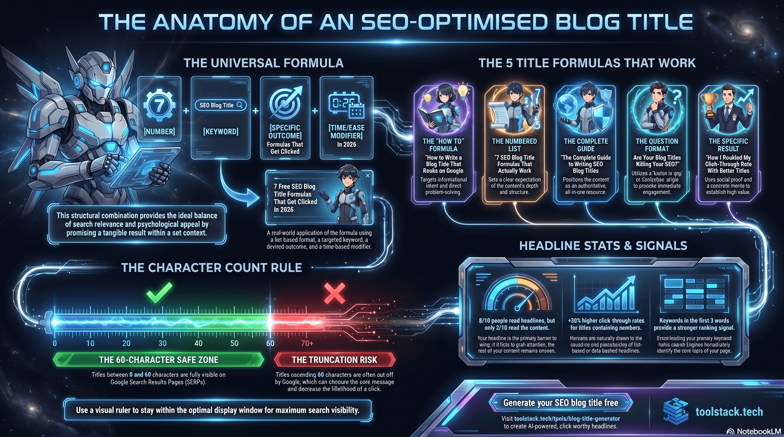 The Anatomy of an SEO-Optimised Blog Title — infographic showing the universal formula (Number + Keyword + Specific Outcome + Time modifier), the 5 title formulas that work, the 60-character safe zone rule, and headline stats including 8/10 people read headlines and +36% clicks with numbers