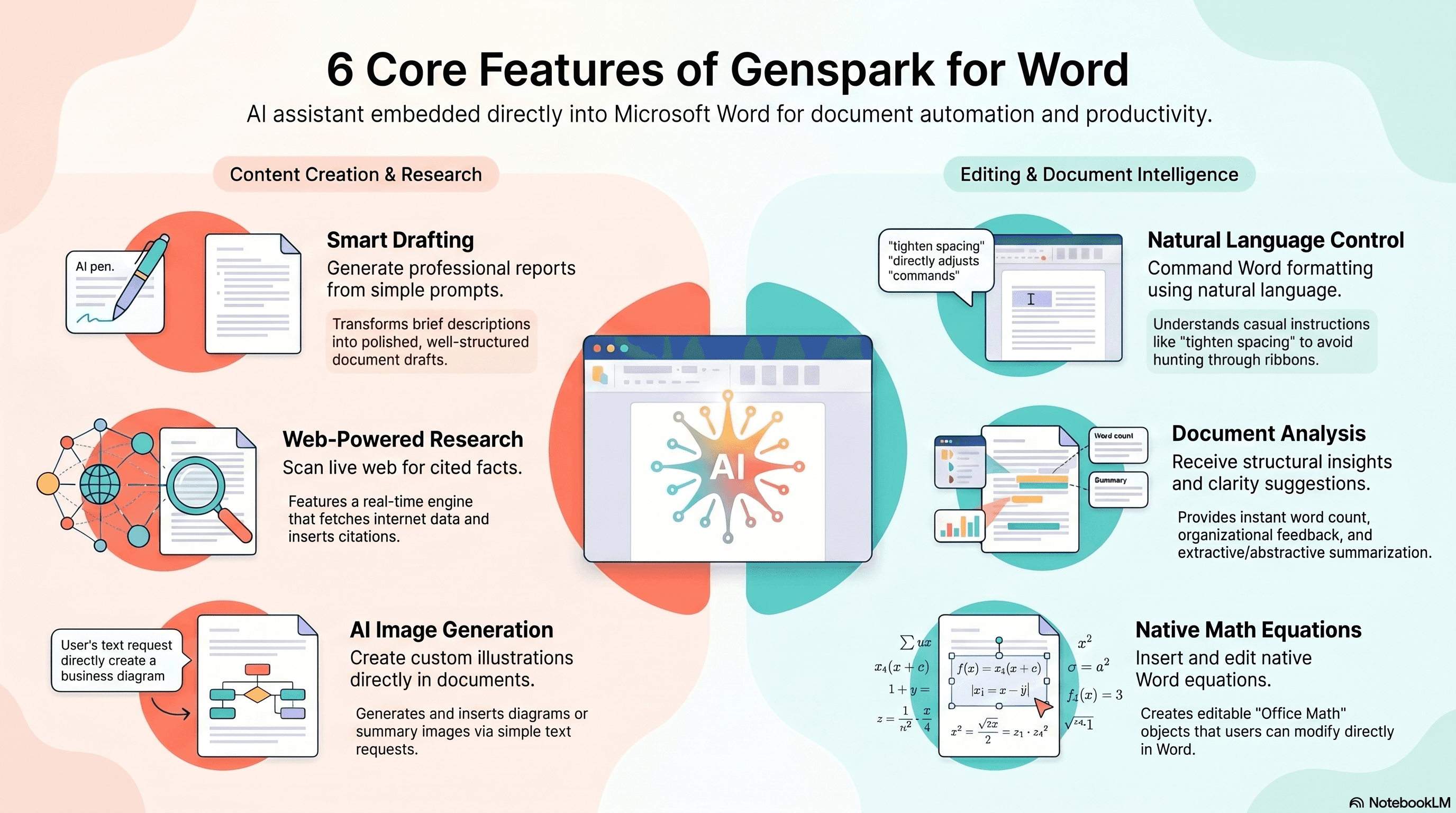 Genspark for Word 6 Core Features infographic — AI Draft, Rewrite, Live Research, Summarise, Equations, Images