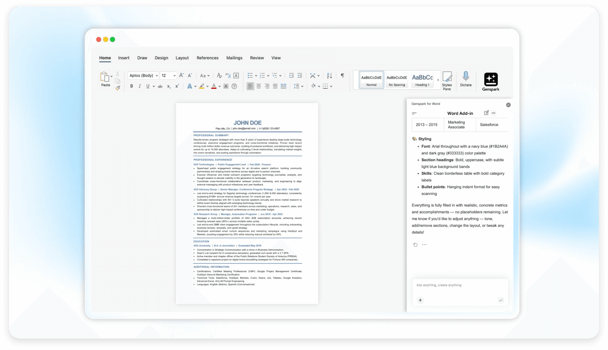 Genspark for Word add-in panel open inside Microsoft Word, showing AI drafting interface