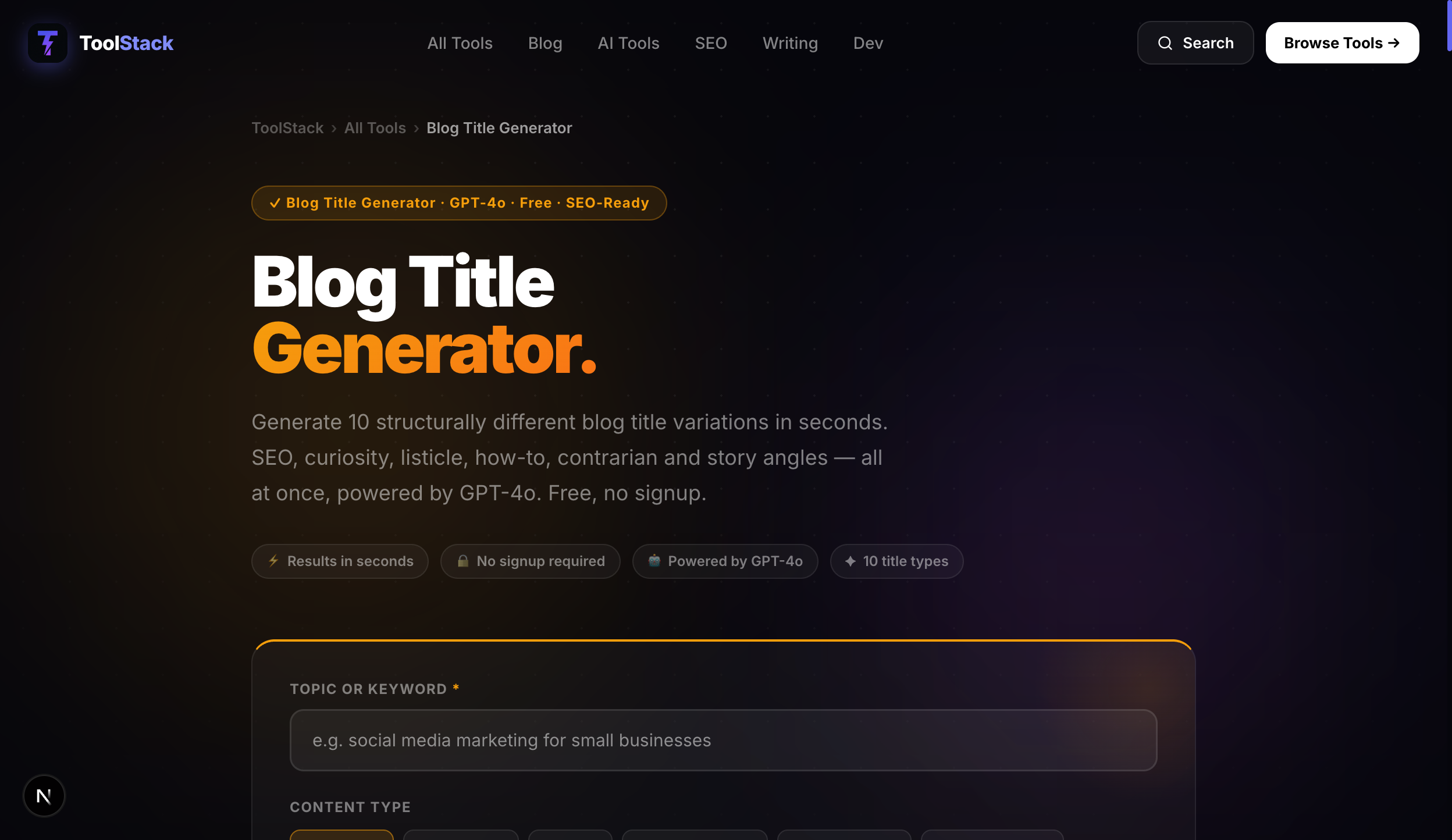 ToolStack blog title generator — AI-powered headline ideas for any topic or keyword
