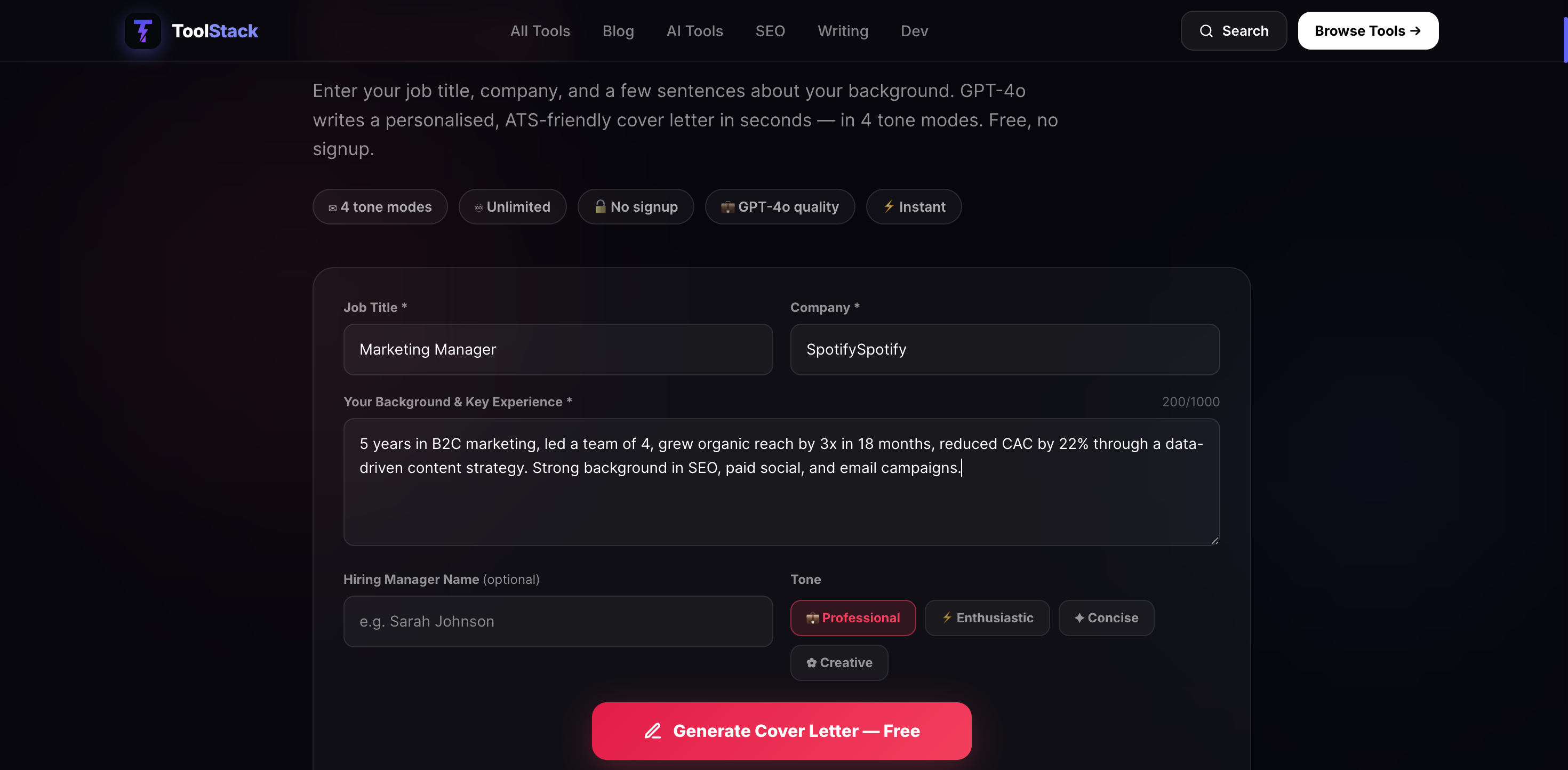 ToolStack AI Cover Letter Generator with form filled in — Marketing Manager role at Spotify