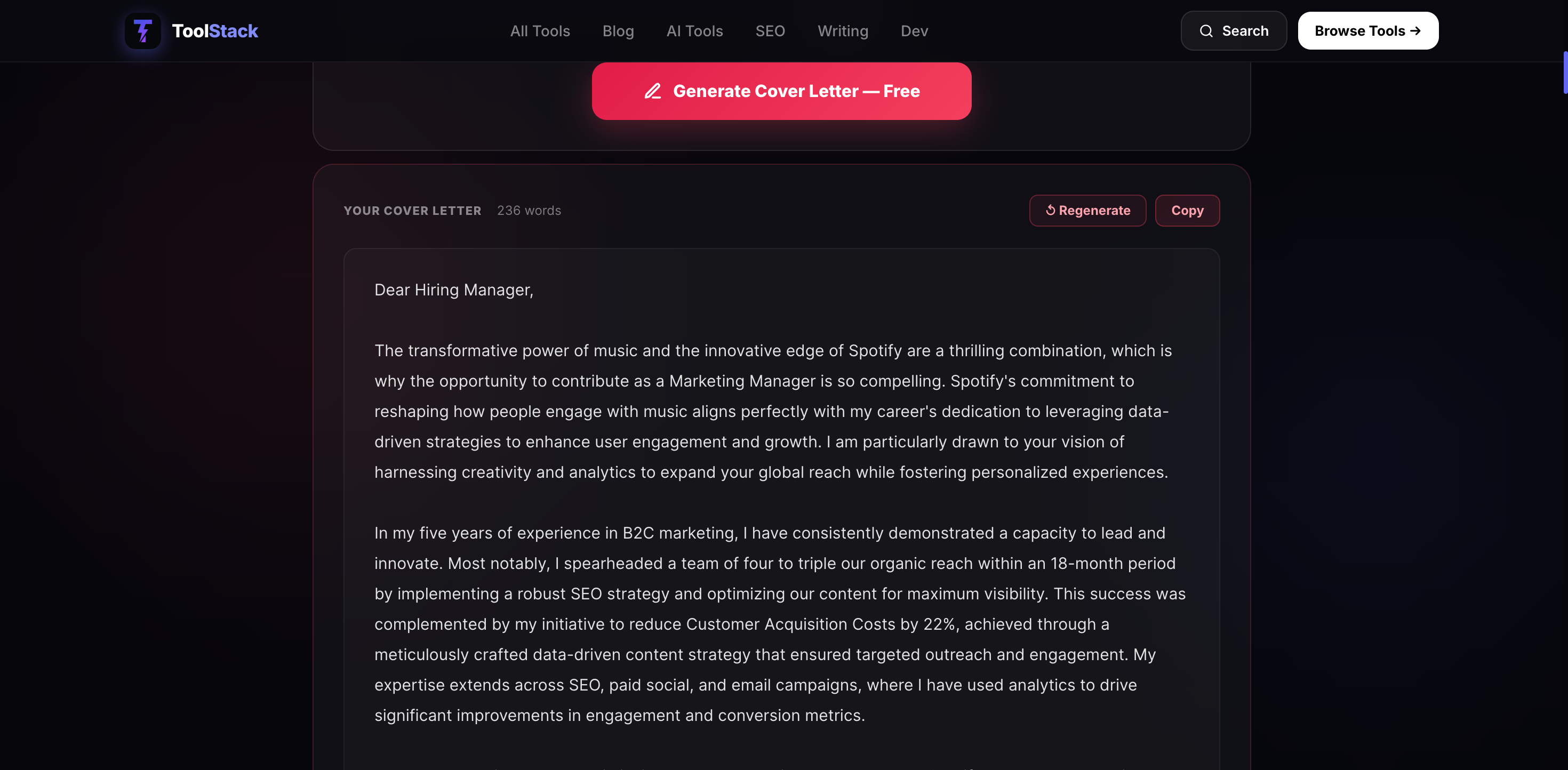 ToolStack AI Cover Letter Generator output — full tailored cover letter generated for Marketing Manager at Spotify
