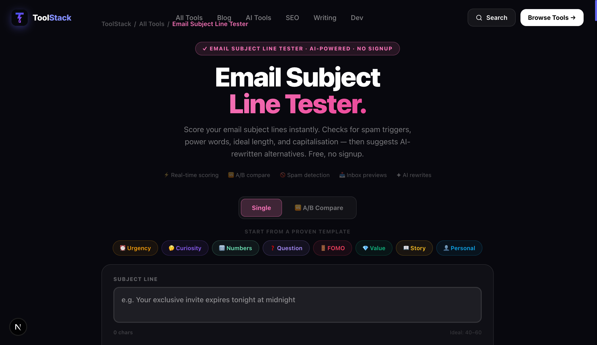 ToolStack email subject line tester — score and improve your subject lines before sending