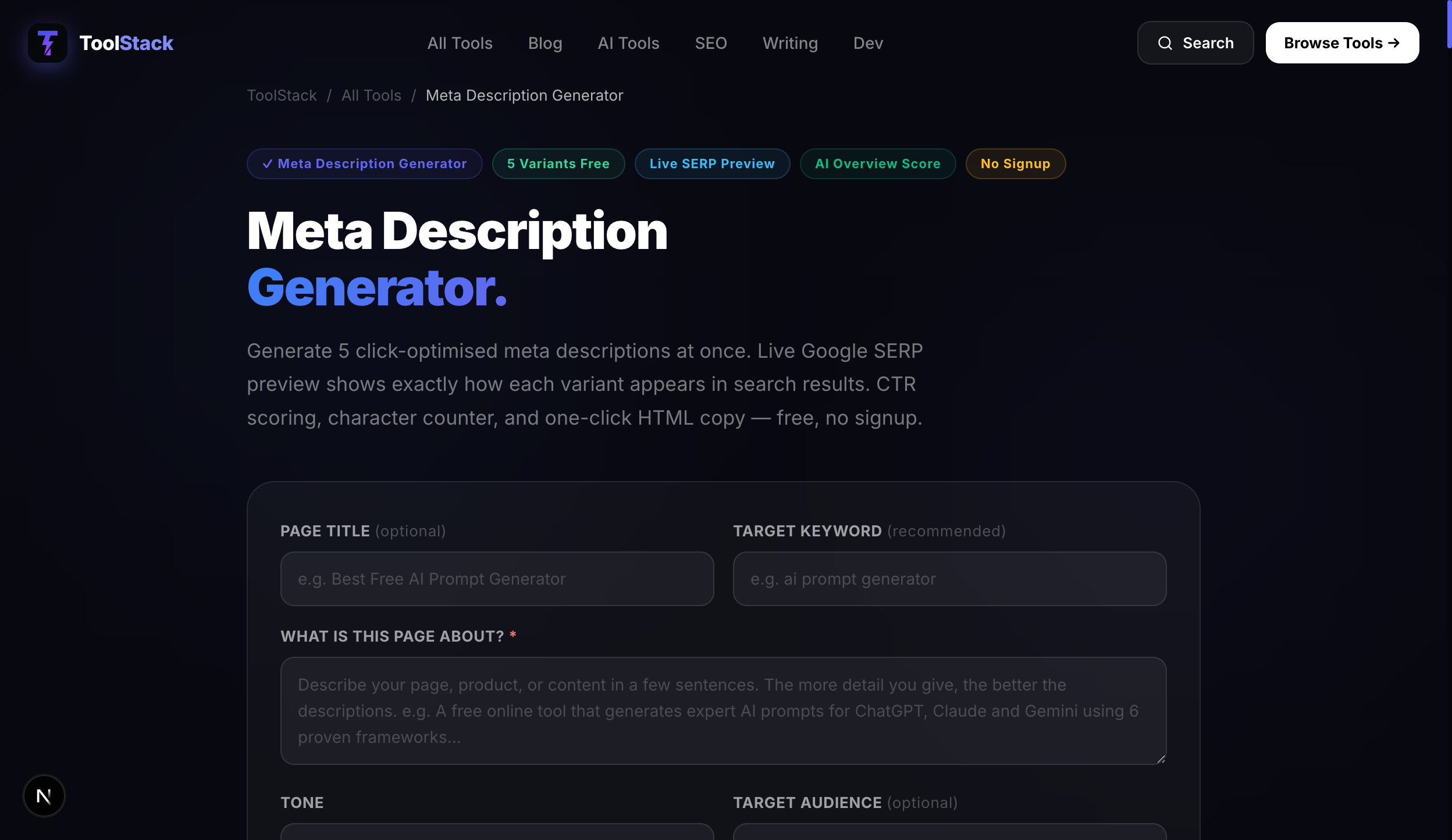 ToolStack free meta description generator — SEO-optimised descriptions under 160 characters