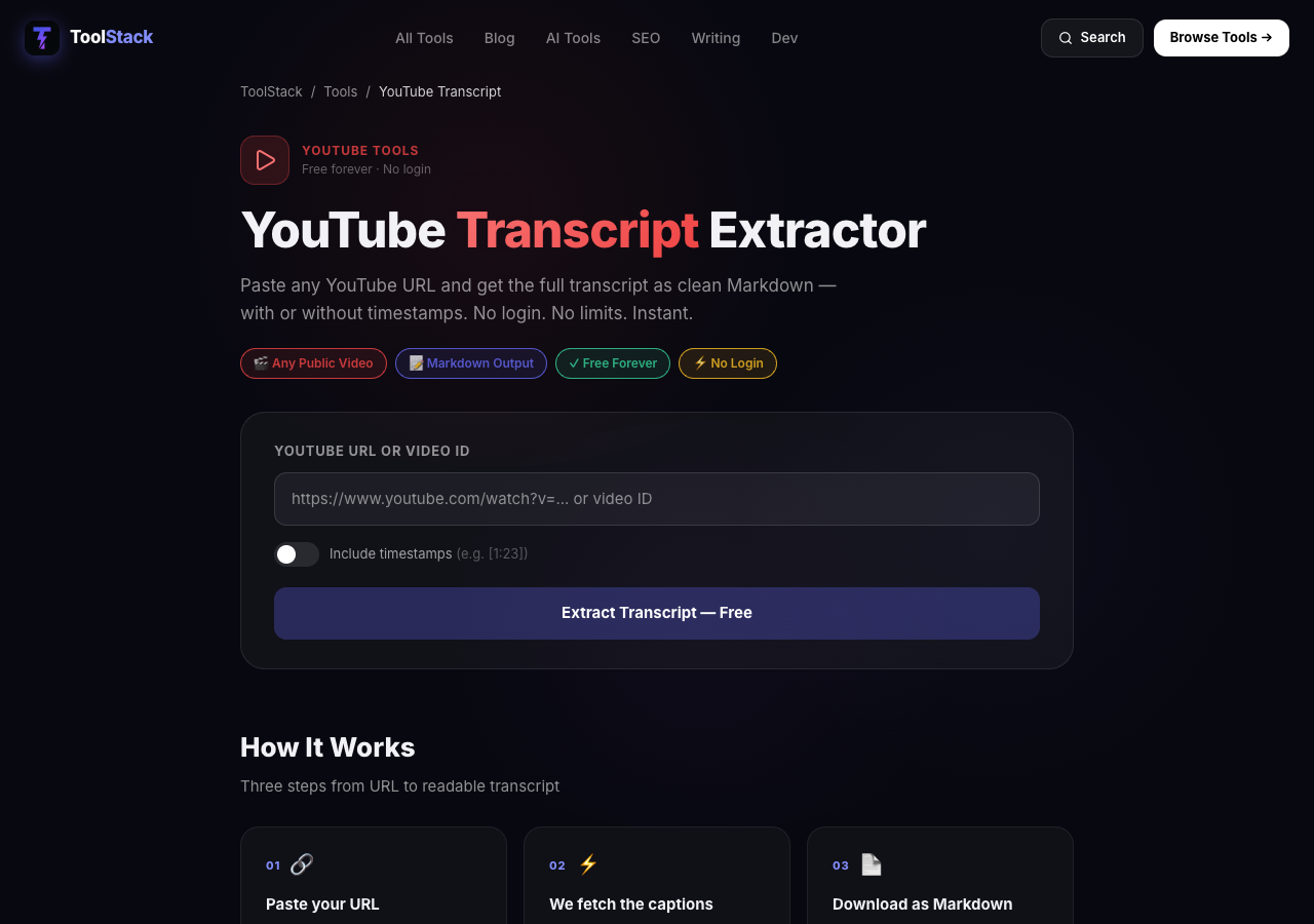 ToolStack YouTube Transcript Extractor tool interface showing URL input, timestamp toggle, and extract button