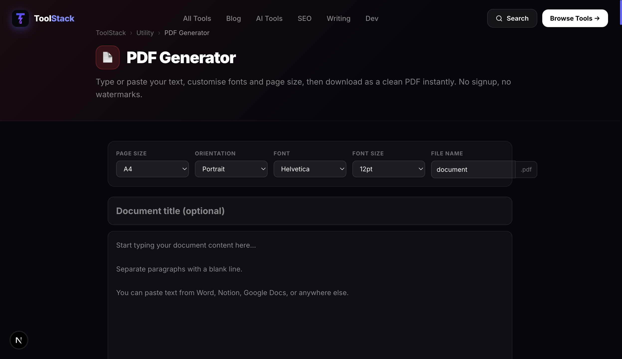 ToolStack free PDF generator — convert text or HTML to a downloadable PDF instantly