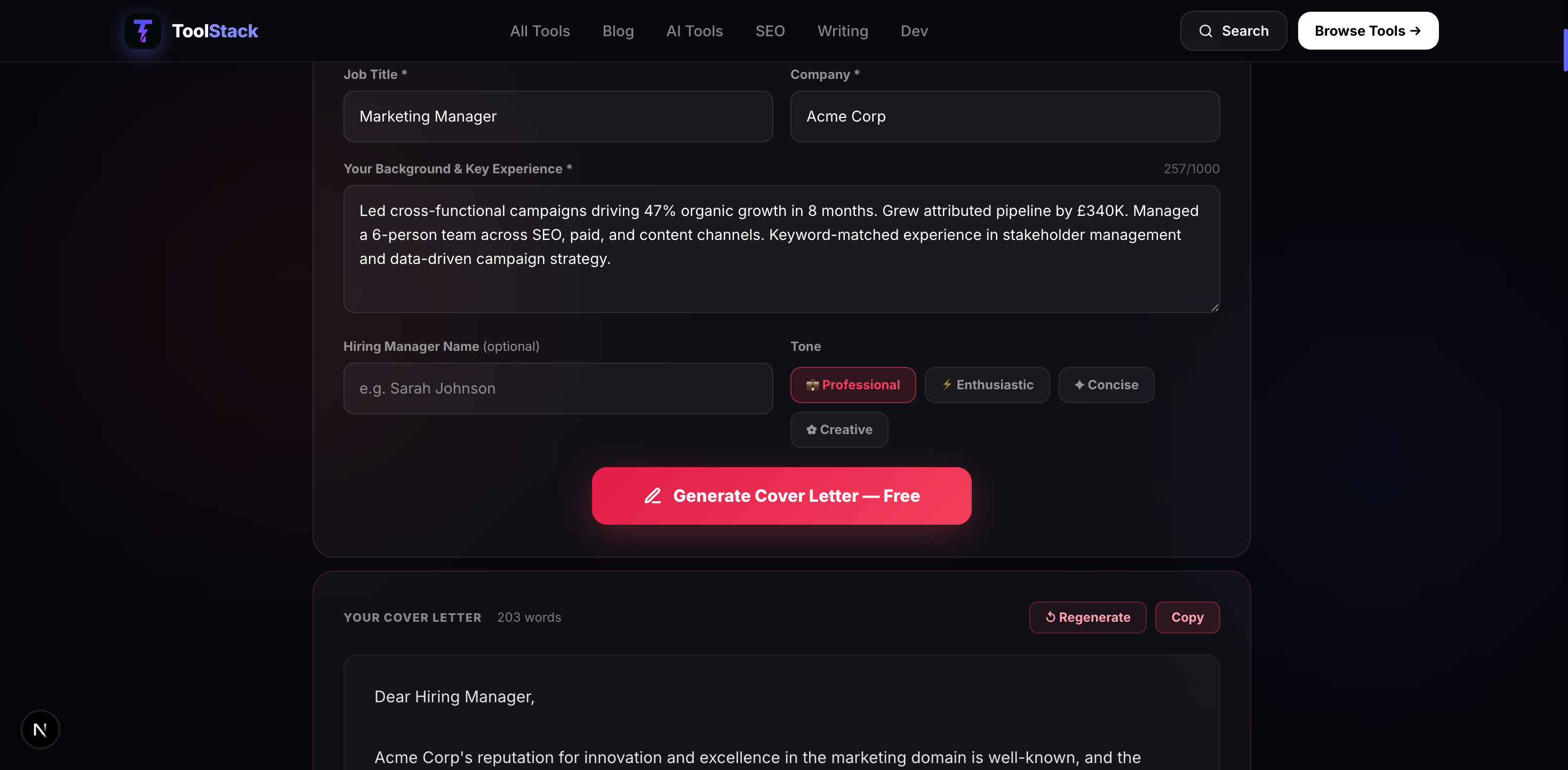 Step 5 — Your tailored cover letter is ready in seconds. Copy and personalise with your real numbers.