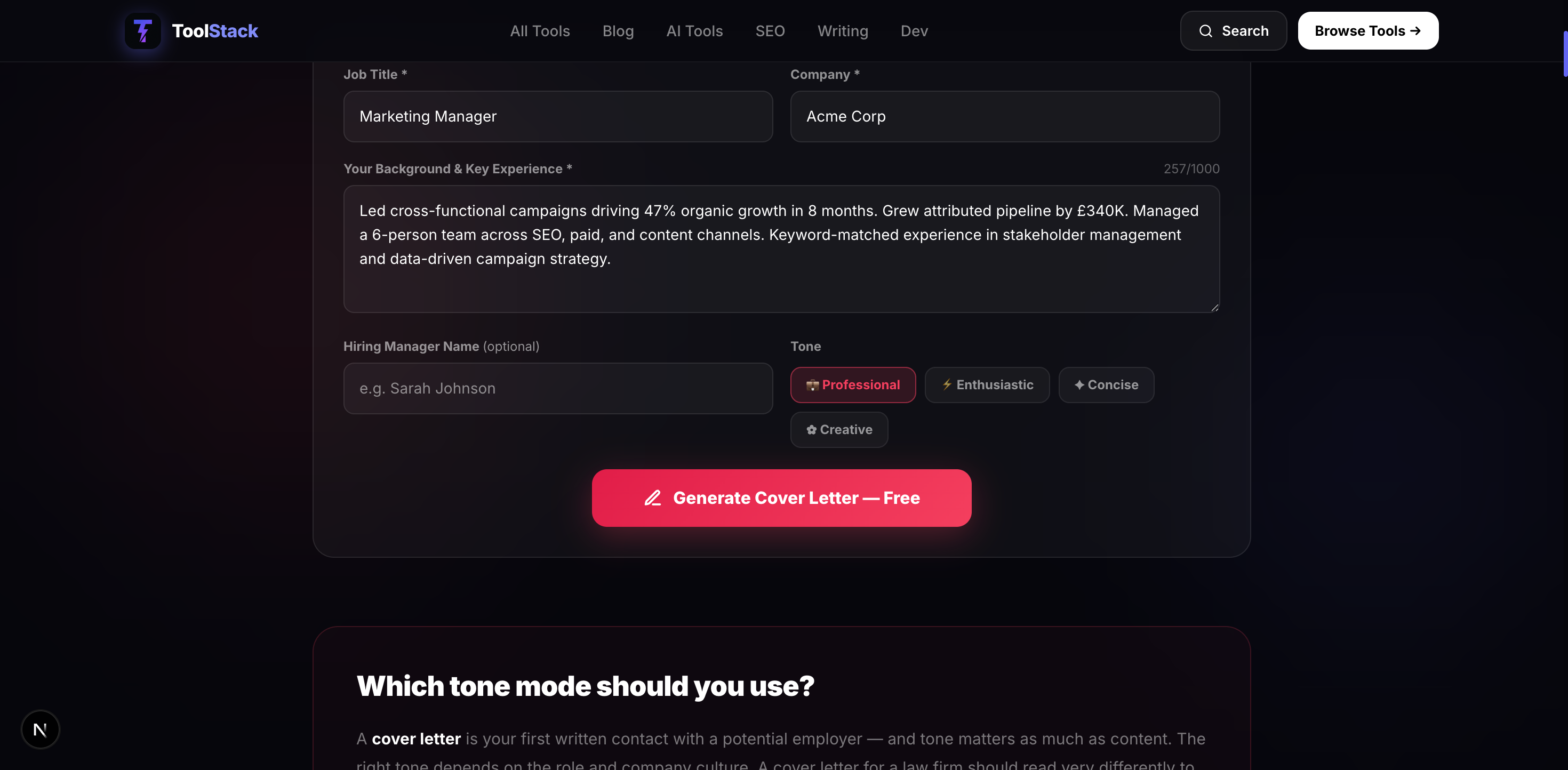 Step 4 — Select your tone mode. Professional, Confident, Creative, or Concise — matched to the company culture.