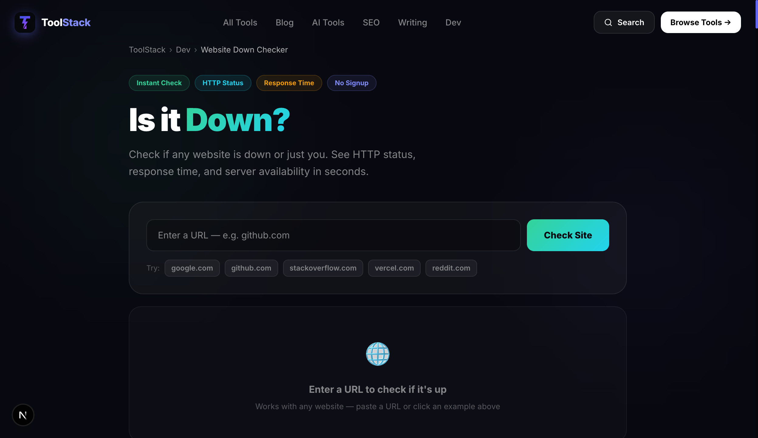 ToolStack website down checker — instantly test if a site is offline or just you