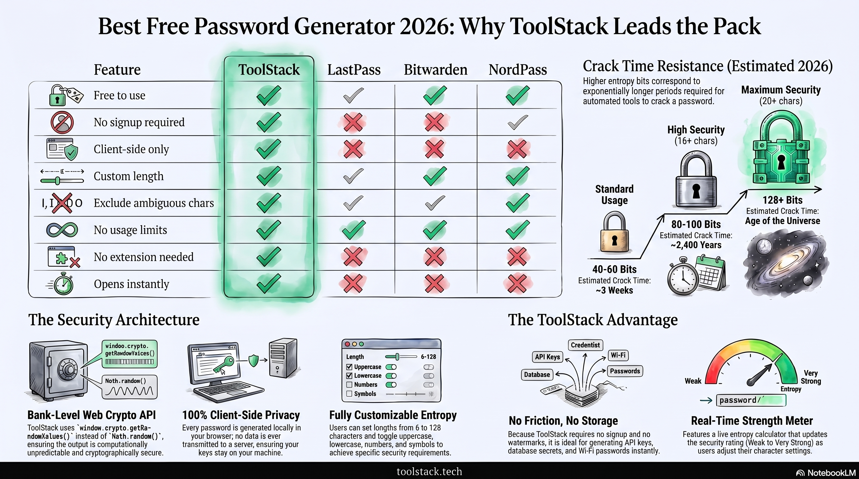 Password generator comparison — ToolStack vs LastPass vs Bitwarden vs NordPass