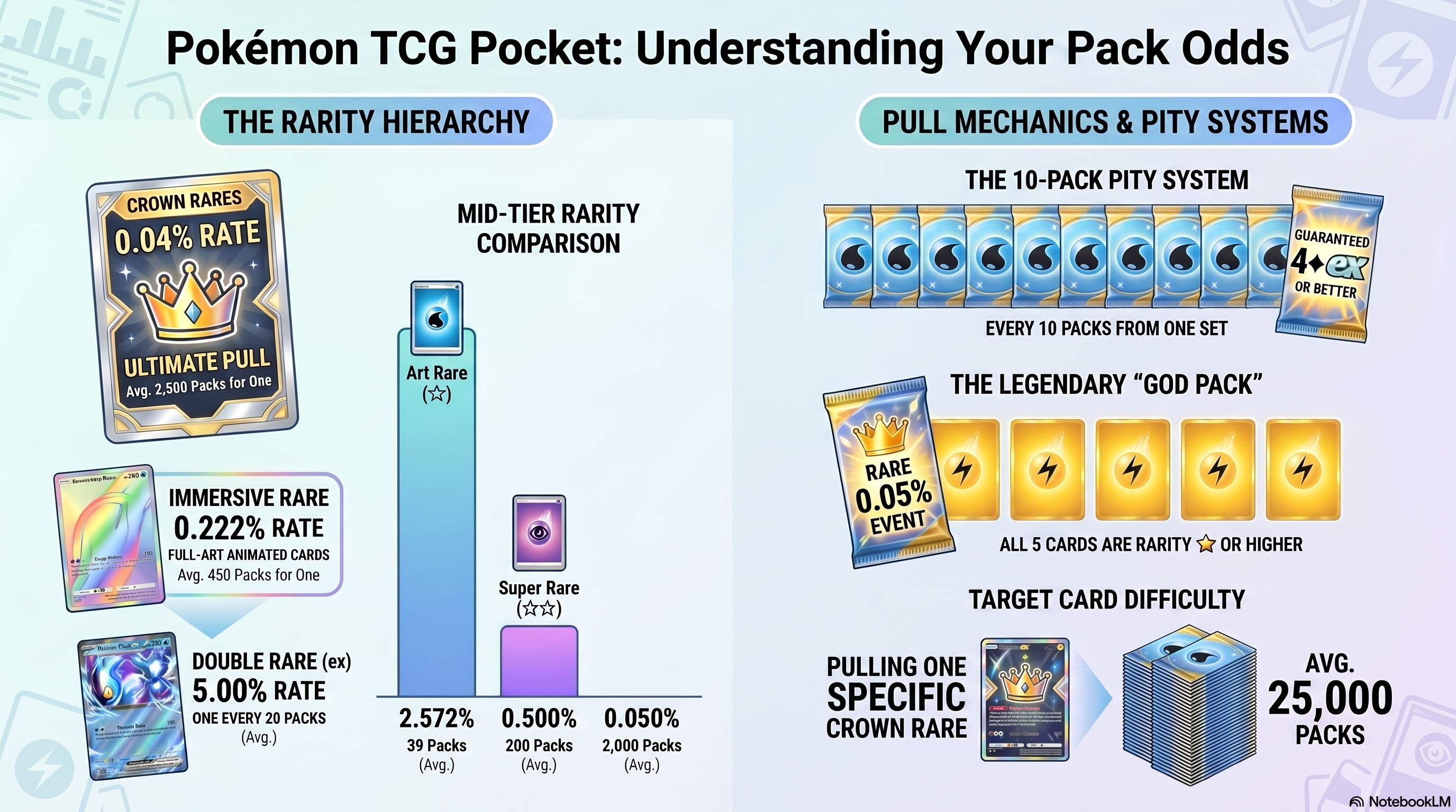 Pokémon TCG Pocket pull rates infographic — rarity hierarchy, Crown Rare 0.04%, Immersive Rare 0.222%, God Pack 0.05%, ex 5%, pity system and target card difficulty explained