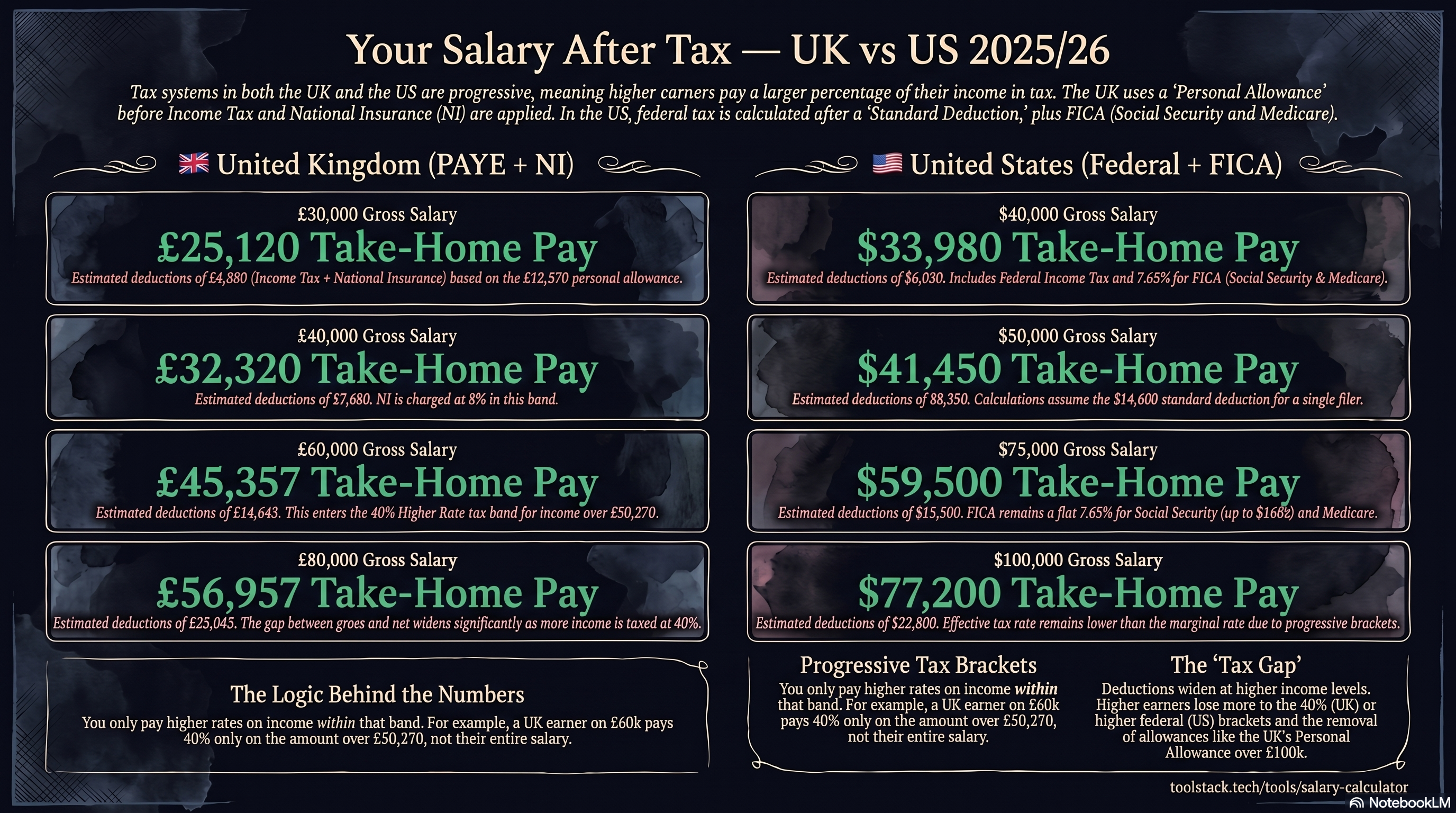 UK vs US salary after tax comparison 2025/26 — take-home pay breakdown across income levels for both countries
