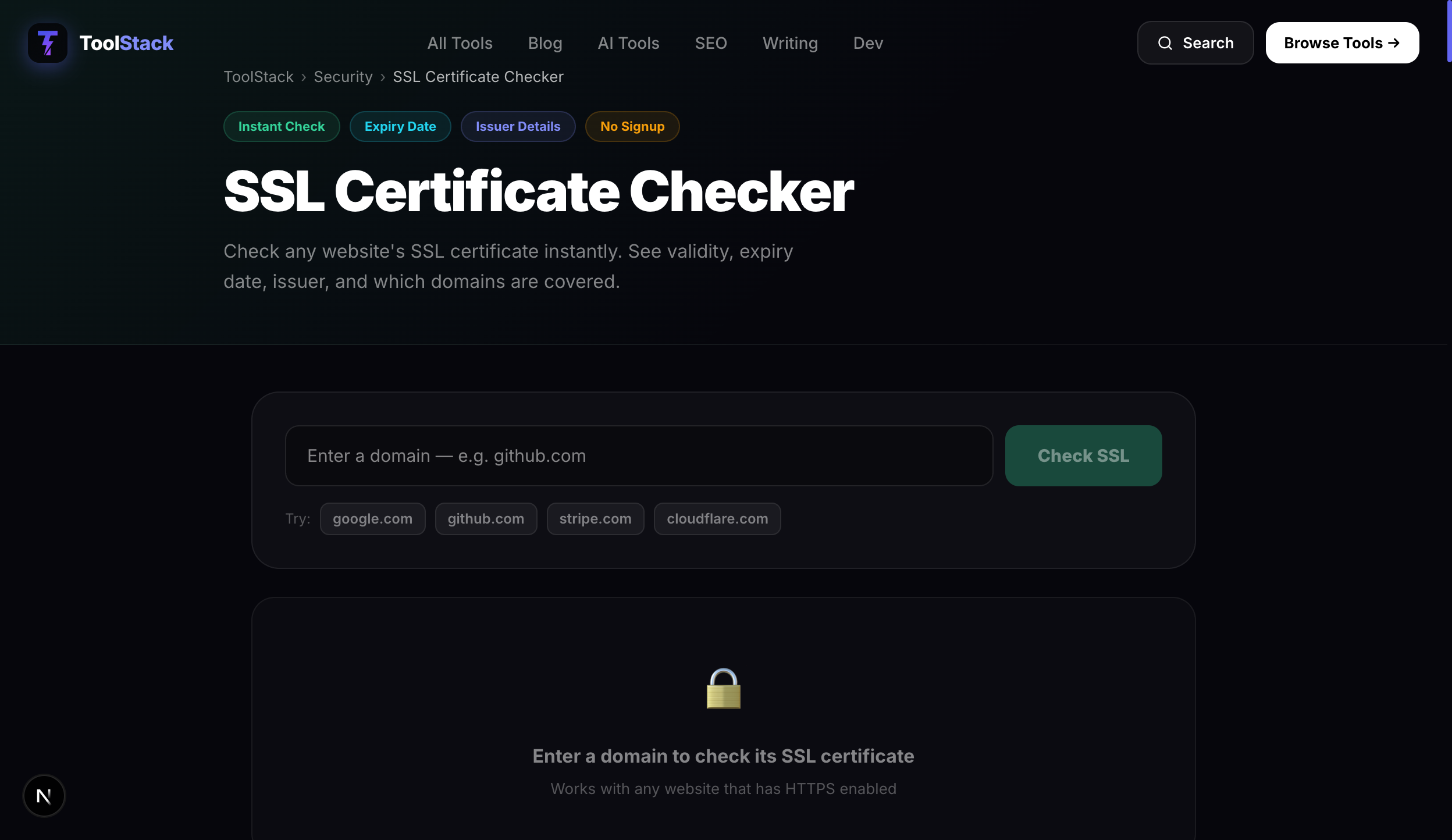 ToolStack SSL certificate checker — verify SSL status, expiry date and issuer instantly