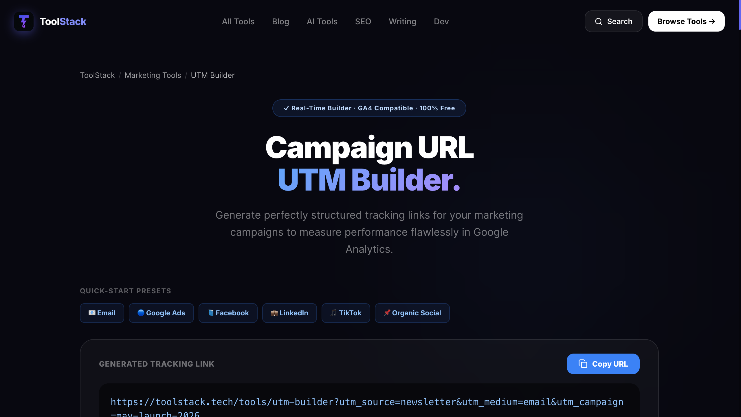 ToolStack UTM Builder with fields filled — generated UTM URL visible at top of page