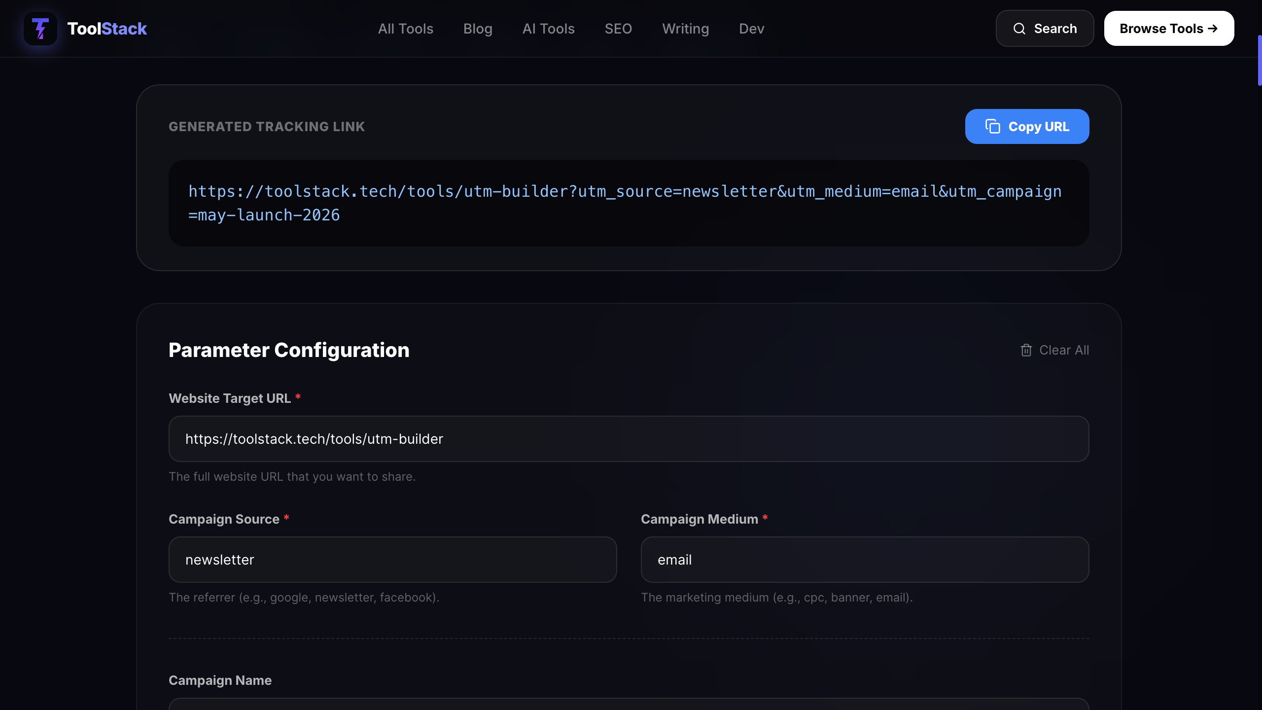 ToolStack UTM Builder output showing full UTM URL with source, medium and campaign parameters