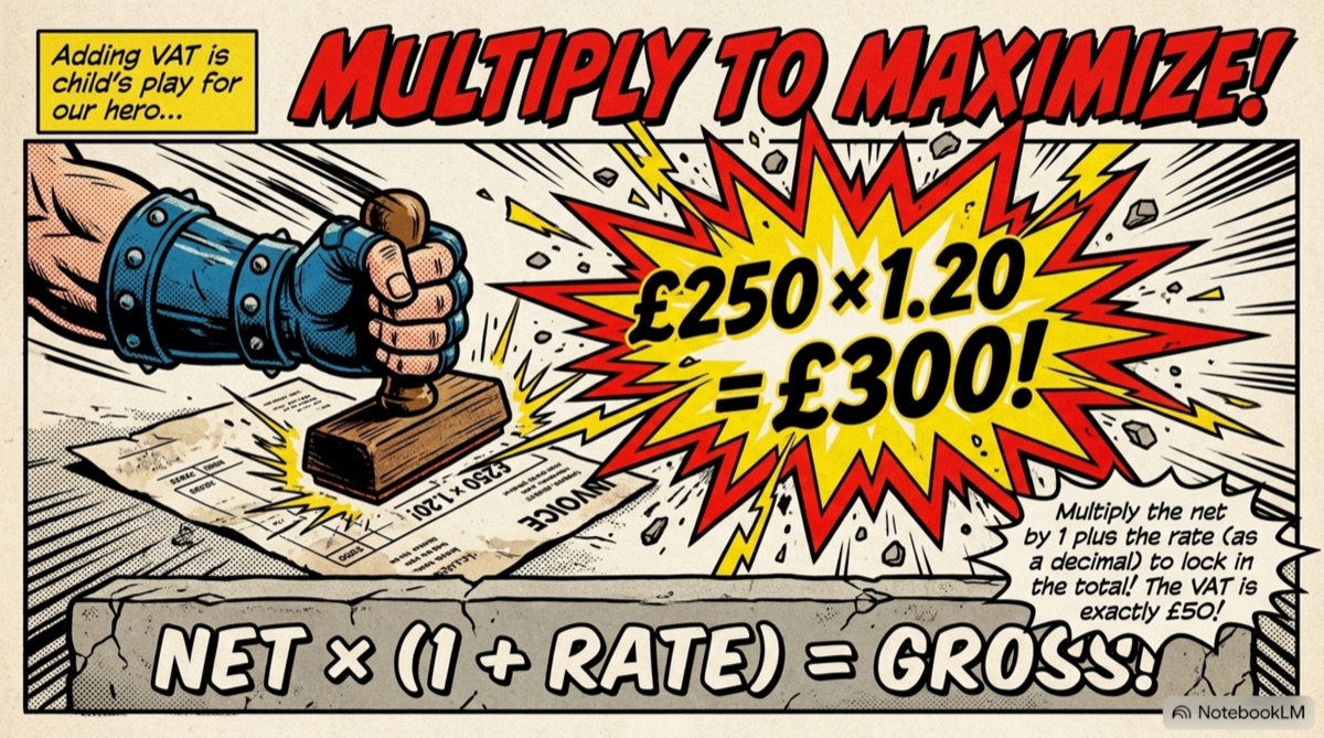 Adding VAT — multiply the net price by 1.20, shown as a comic panel