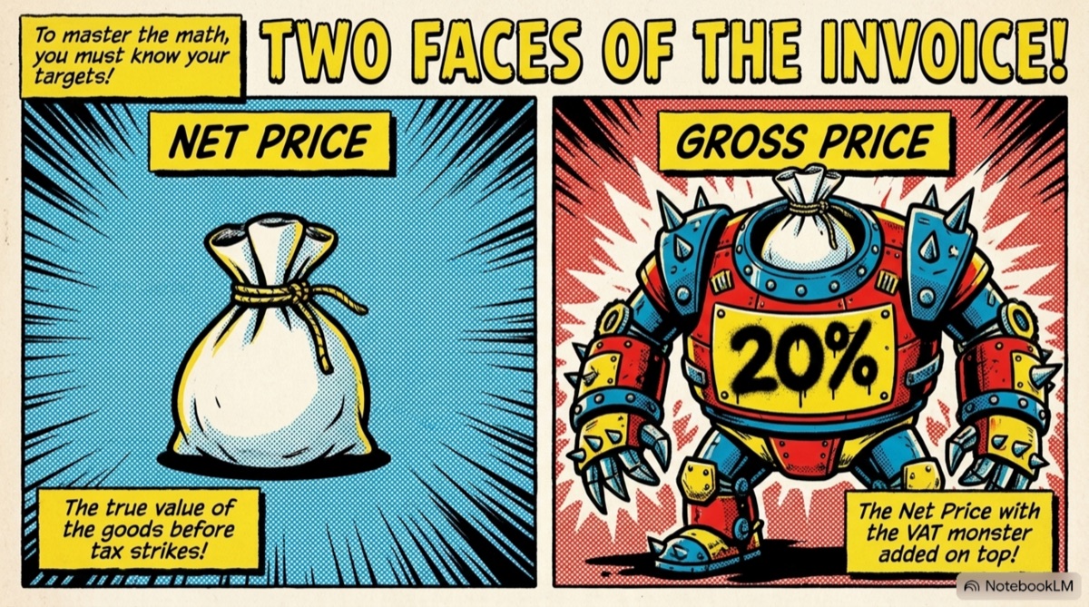 Net price vs gross price — VAT explained as a comic