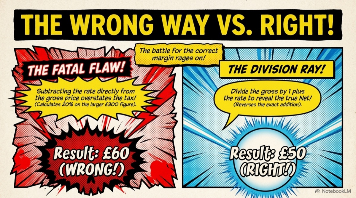 The wrong way vs the right way to remove VAT: subtracting gives £60, dividing gives the correct £50