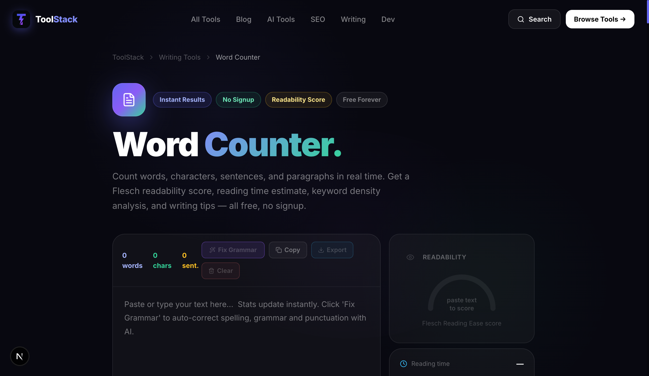 ToolStack word count checker — live word, character, sentence and reading time analysis